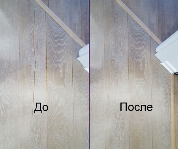 На фото – трещина на деревянном полу до и после герметизации
