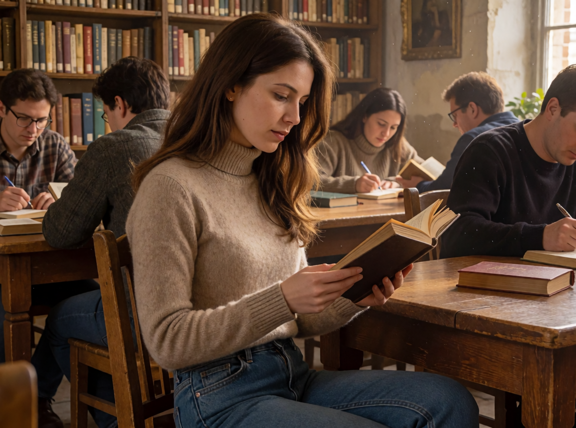 Девушка читает книгу в библиотеке