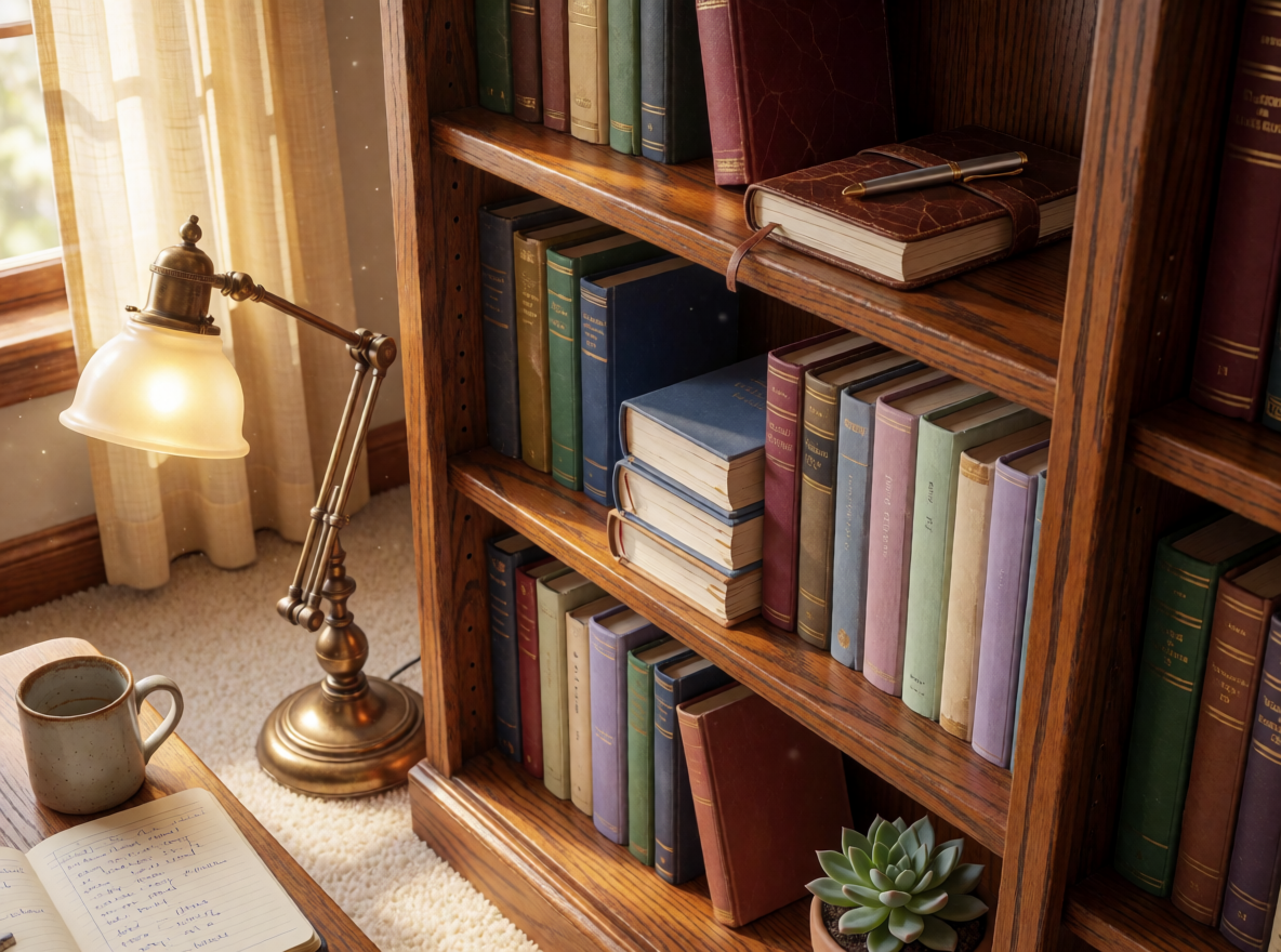 Стеллажи с книгами в домашней библиотеке 